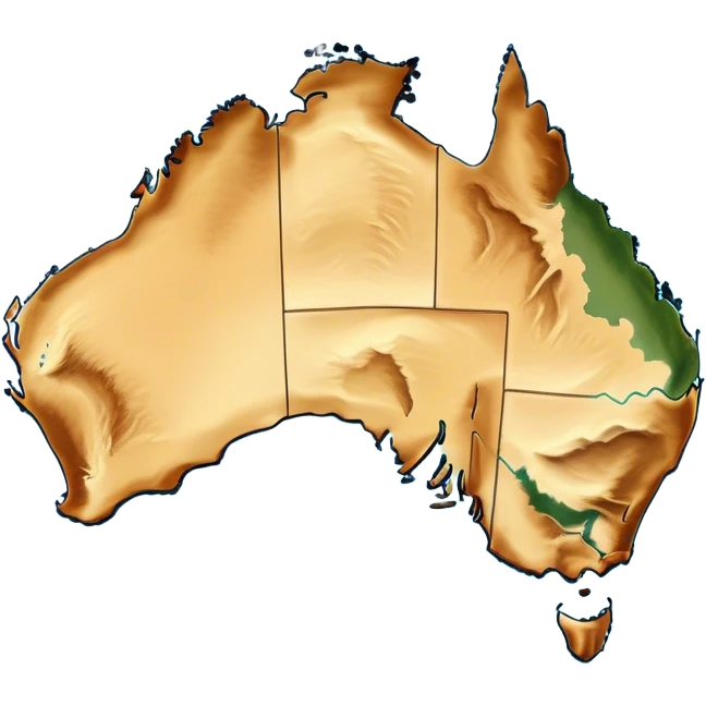 Cinematic-realistic outline of Australia, featuring its distinct landmass with accurately defined coastlines. The deep blue ocean surrounds the golden-brown continent, with subtle topographic shading to highlight its terrain. A soft glowing effect enhances the edges, making the shape stand out against a neutral, textured background. emoji