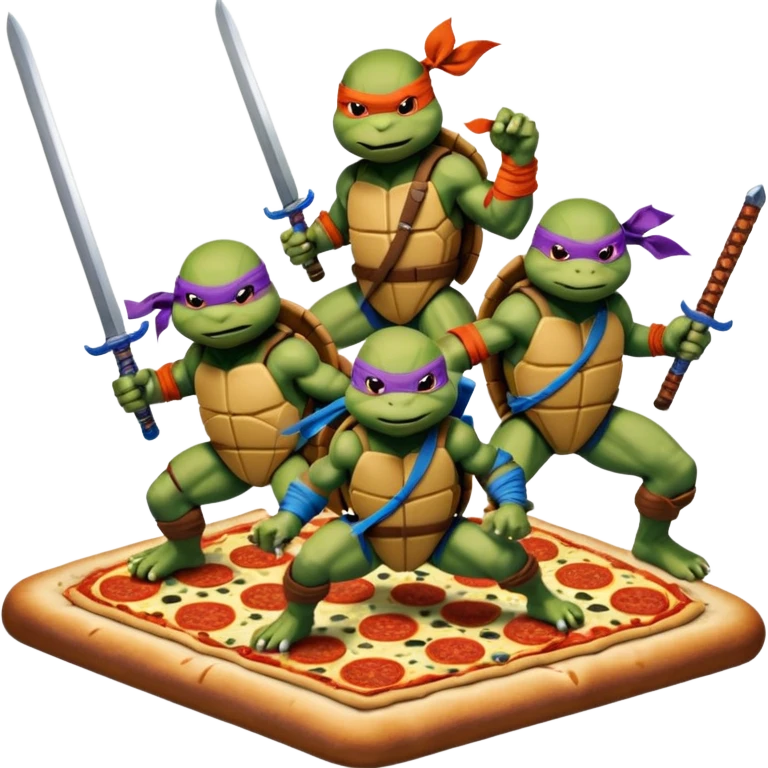 Vector emoji sticker of 4 Ninja Turtles: Leo (blue/swords), Raph (red/sais), Donnie (purple/staff), and Mikey (orange/nunchucks). Action poses, NYC rooftop, pizza box, bold comic style, white border. emoji