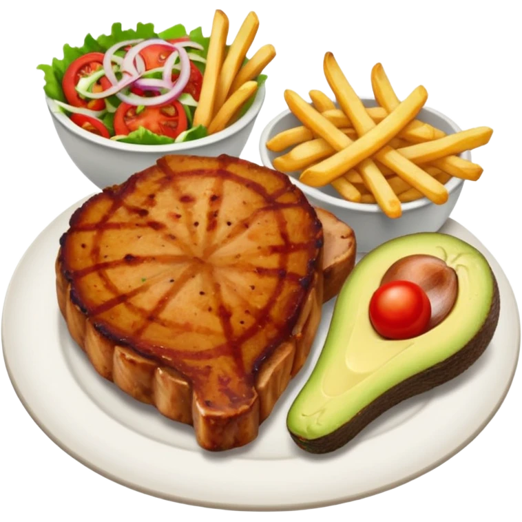 pork chops, fries, tomato onion salad, and avocado  emoji