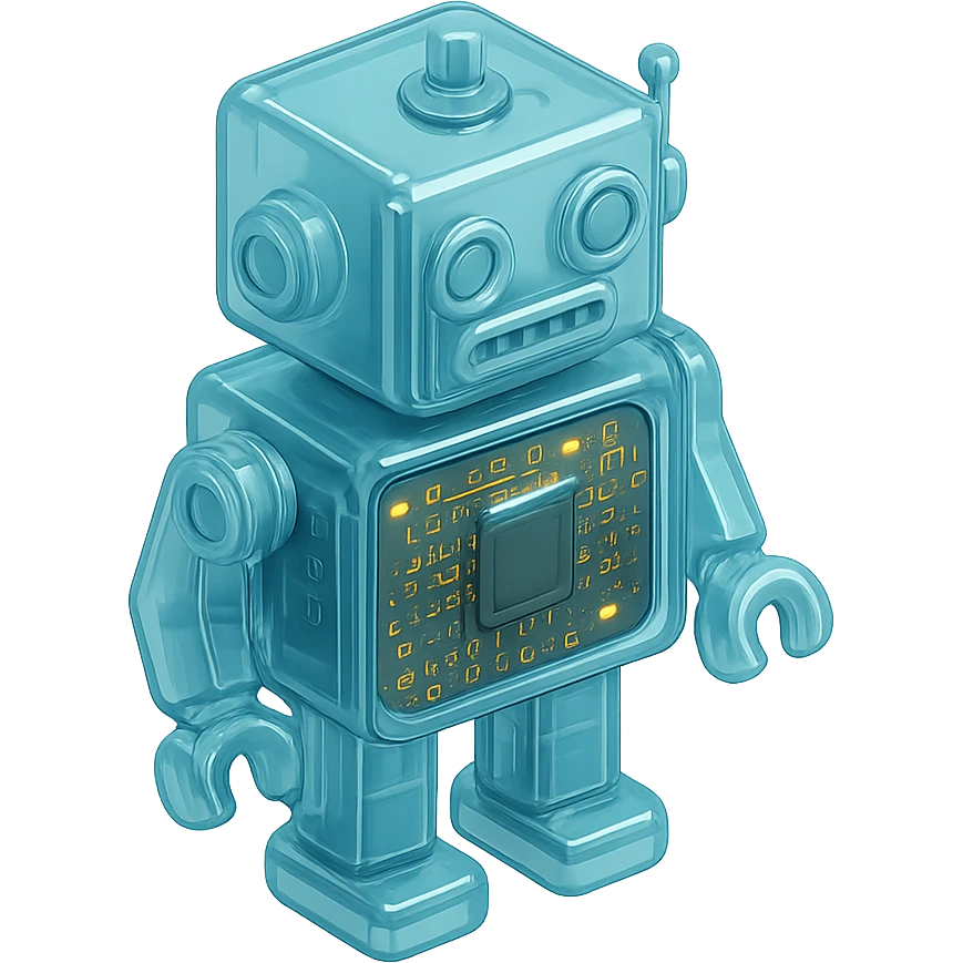 A robot with transparent body showing intricate electronic components inside, with tiny circuit patterns and small glowing lights emoji