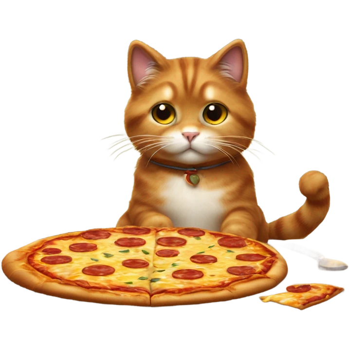 A cute, fluffy cat sitting on a rustic wooden table, playfully nibbling on a slice of pizza topped with melted cheese and pepperoni.  emoji