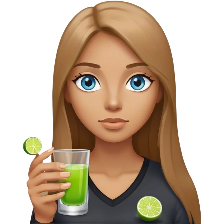 tan woman, black shirt, long light brown straight hair, grey blue eyes, holding a shot with lime emoji