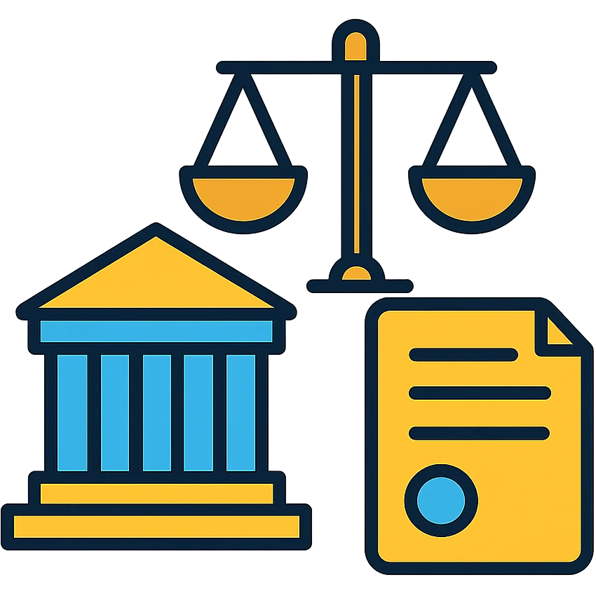 Scale of justice with government building and document - representing Responsabilité Administrative emoji