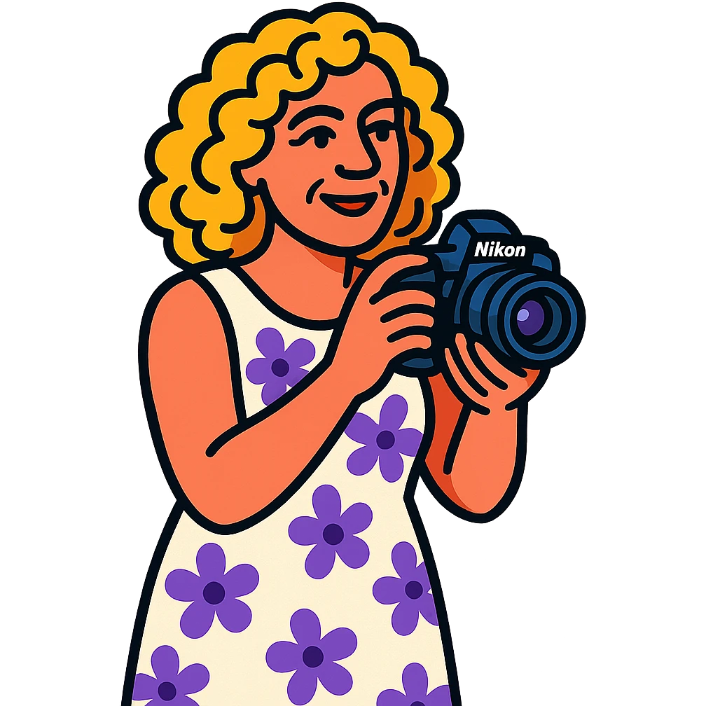 mujer rubia de rulos de 50 años con cámara Nikon y vestido largo blanco con flores lilas, estilo vibrant-toon emoji