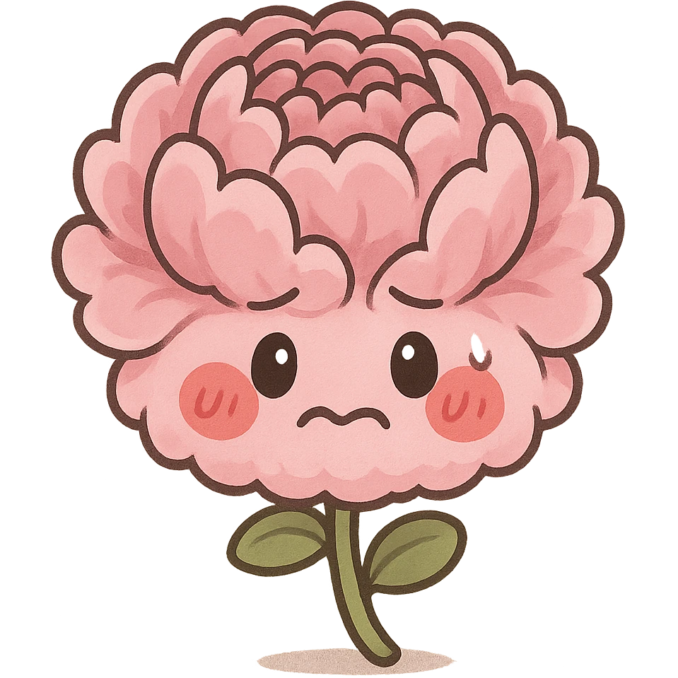 chibi style fluffy pink peony flower, round body, red cheeks, nervous expression, full-body emoji