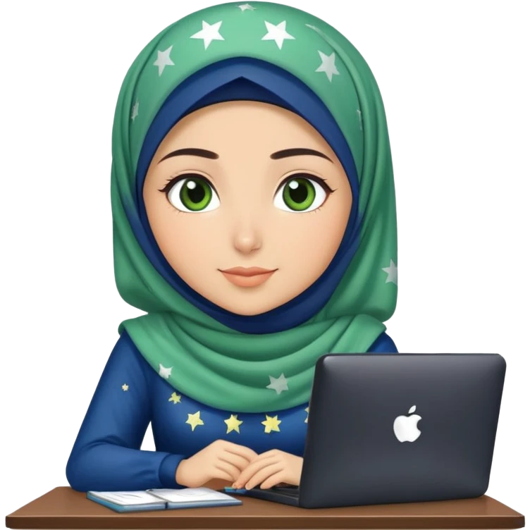 Turkish beautiful finish Konya girl blue starry hijab and green heart dress and she work on office emoji