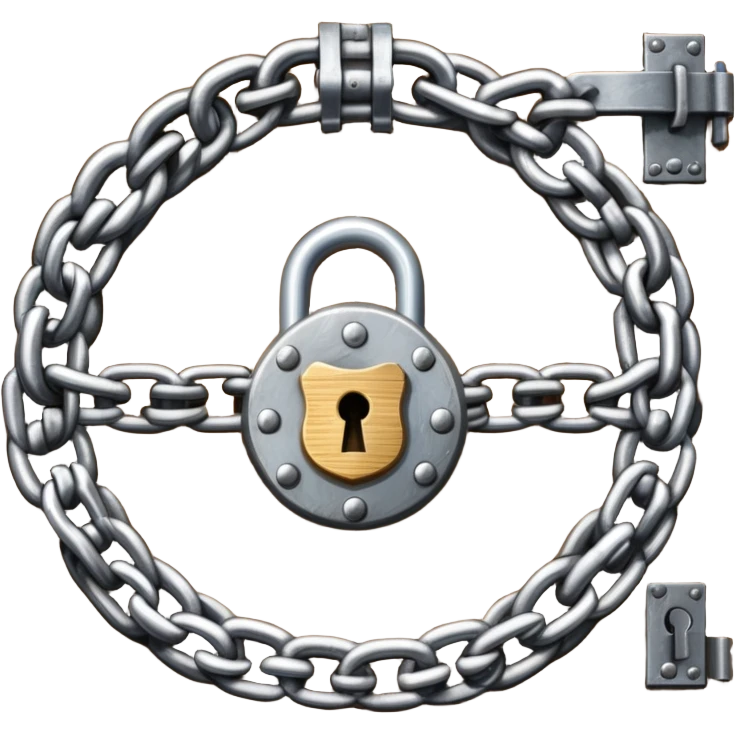 A heavy metal chain wrapped around a round wooden door with a padlock securing it emoji