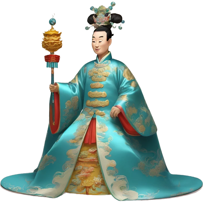 Qianlong, Qing dynasty's emperor, is recognized by his majestic attire: dragon-adorned imperial robes, a court headdress, and a ceremonial scepter. 🐉👑 emoji
