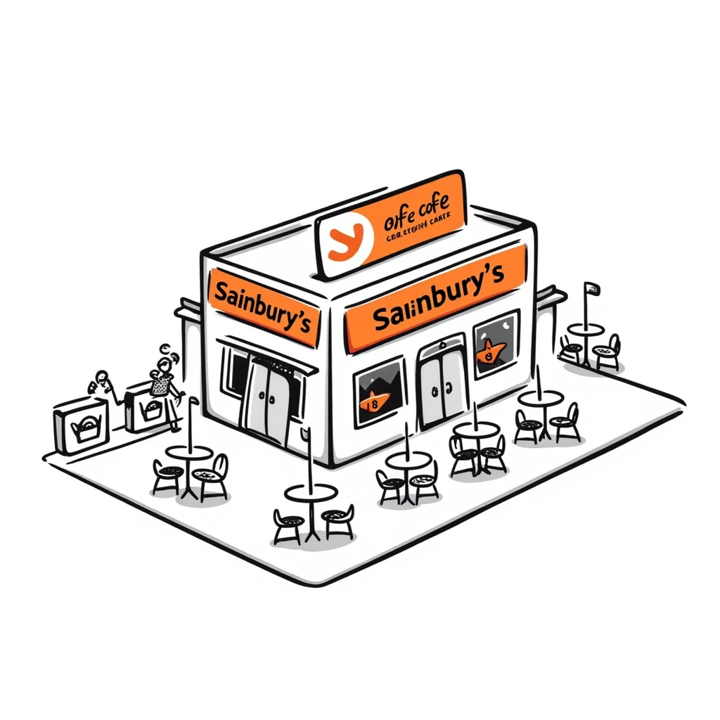 Isometric Sainsbury's supermarket with orange branding, Nectar card logo visible, shopping trolley collection points, and cafe area with outdoor seating emoji