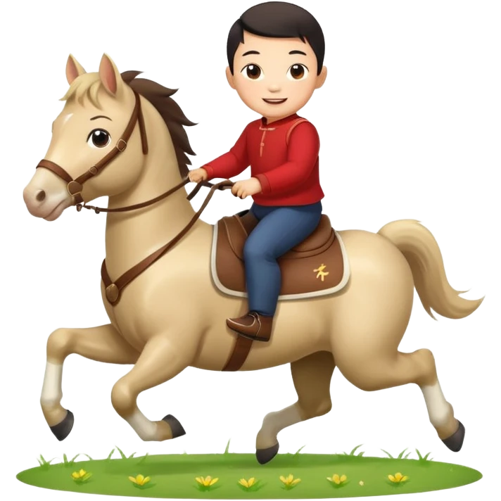 l little chinese baby boy riding on a  cute horse running on the grass with 2026 year label emoji