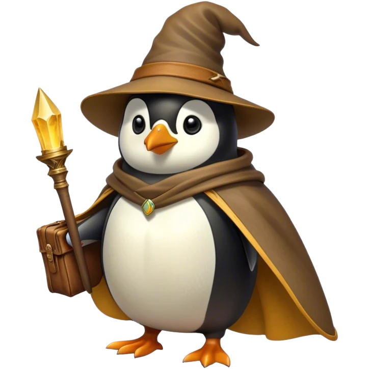 A wizard-explorer penguin inspired by Indiana Jones, wearing a weathered yellow enchanted hat and a flowing cape. It carries a leather satchel with ancient scrolls. Cartoon-style, smooth shading, highly detailed, no background emoji