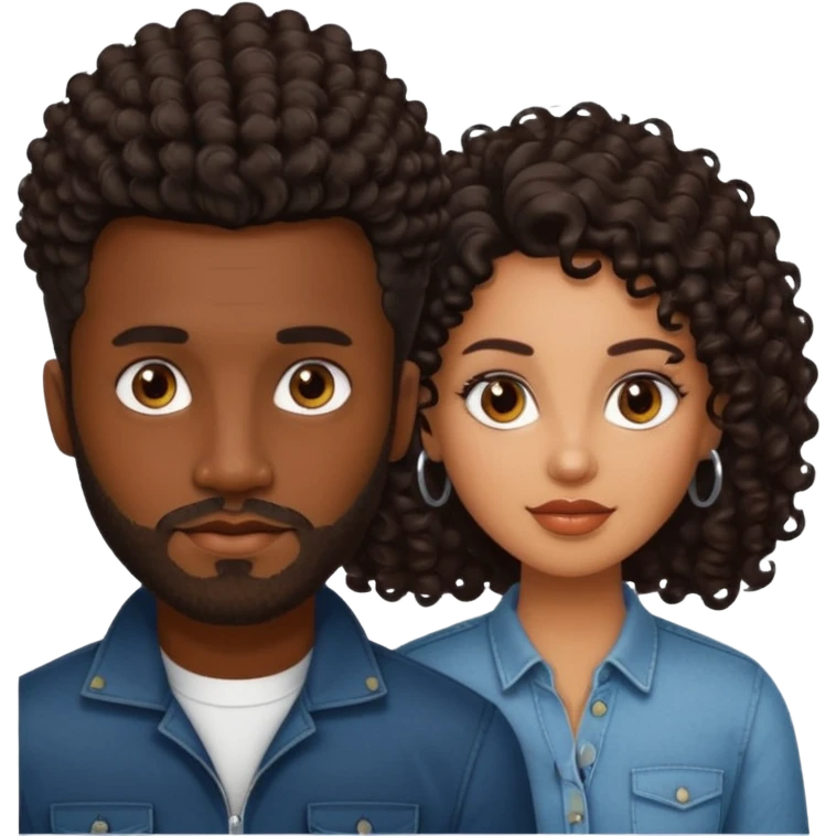 Dark brown skin man with a light beard and a curly   fade haircut with dark brown eyes with a brown skin  Latina woman with dark straight hair  emoji