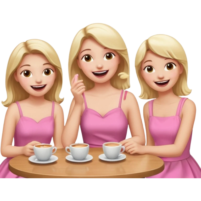 Девушка со светлыми волосами сидит в кафе весёлая с подружками в розовом платье emoji