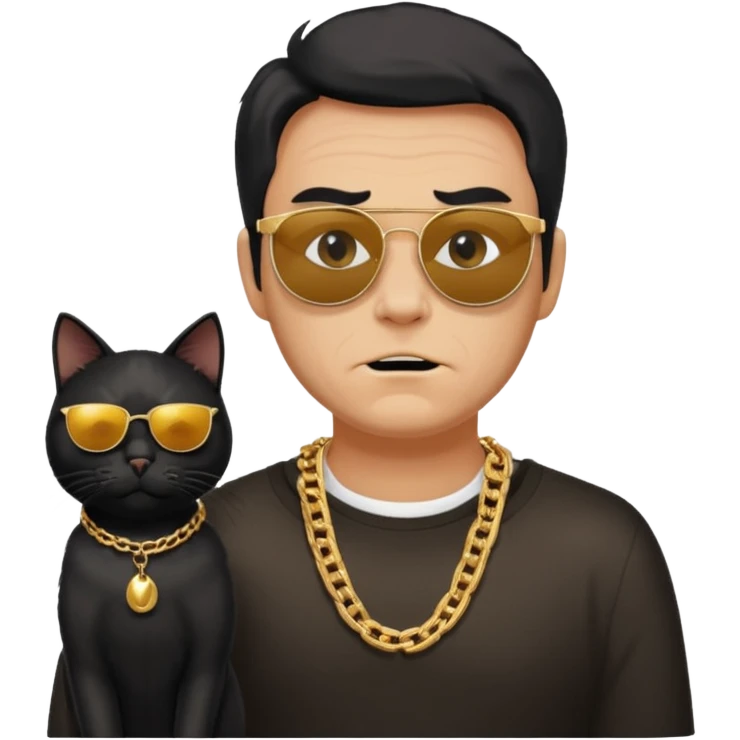 Freaky Larry is a cat with a gold chain and sunglasses standing behind a scared man with no facial hair. Make sure the cat is black emoji