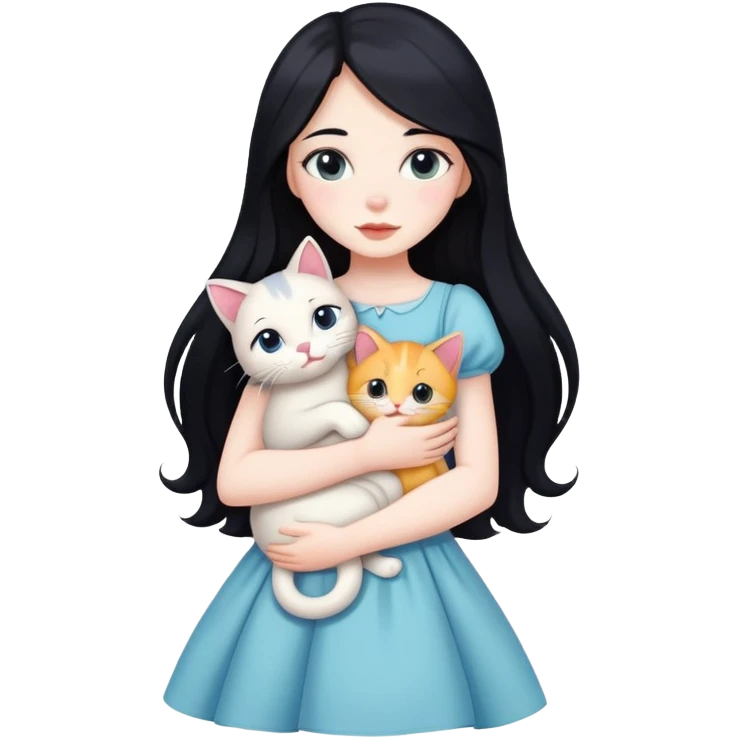 A beautiful girl with long black hair wearing a dress hugs a cat of three colors emoji