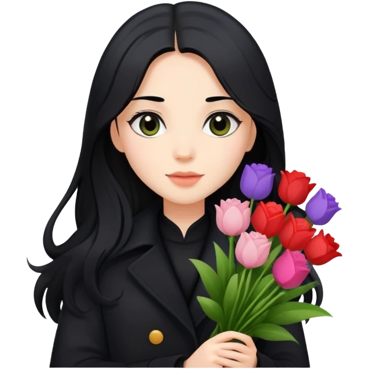 beautiful girl with long black hair wearing a black coat holding a bouquet of flowers emoji