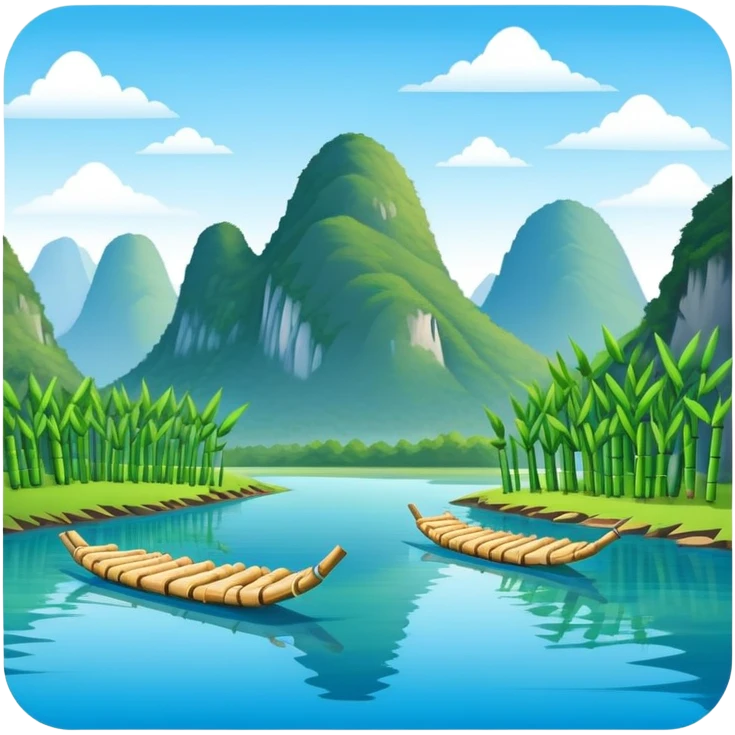 Yangshuo karst peaks with bamboo raft on river Guilin, simplified emoji style with bold outlines and bright colors, cartoon style mountains with clear blue sky emoji