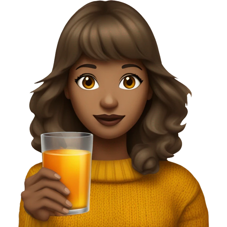 brown haired girl White woman with long dark brown hair and face framing layered bangs dressed in a mustard yellow sweater with a birthday hat and holding a glass filled with orange liquid with ice cubes  emoji