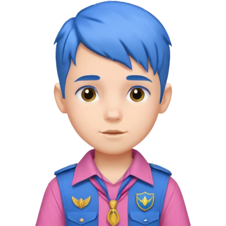 scout boy with very pink scout uniform, blue haired emoji