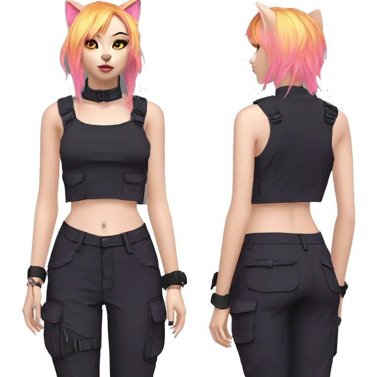 Edgy Anthro cool pretty colorful dark cat-fursona techwear cargo pants crop top emoji