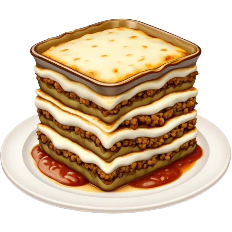 Cinematic Realistic Moussaka Dish Emoji, depicted with layers of eggplant, minced meat, and b√©chamel sauce rendered with rich textures and warm, inviting lighting that captures its Mediterranean flavor. emoji