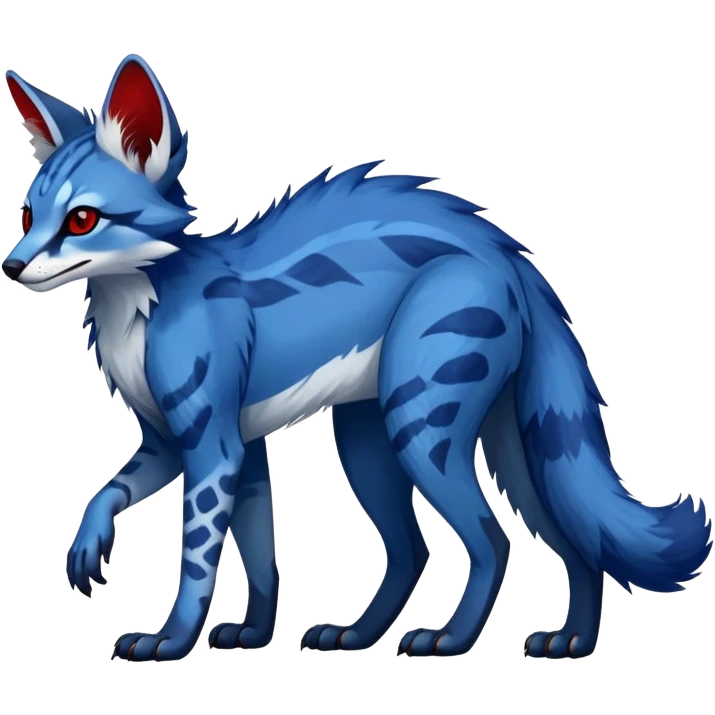 Feral Rare Fantasy sapphire-blue Vernid-Sergal-Genet-species by LiLaiRa, random markings, tufted ears, full body, 4 legs, darker ears, darker legs, red markings, white belly emoji