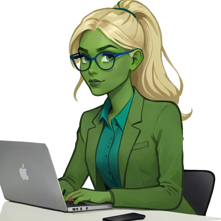  girl with blue eyes, blonde hair working with Mac  emoji