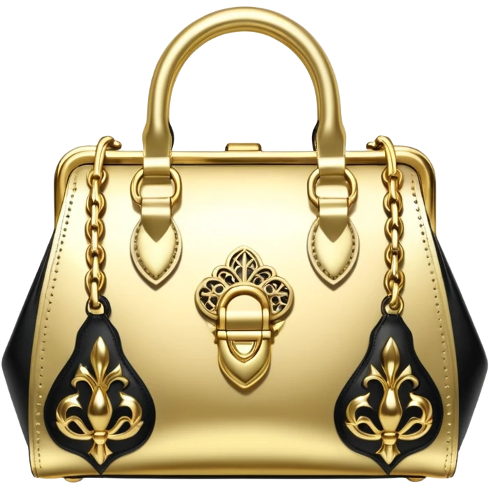 Alexander McQueen brand, metallic gold handbag with gothic style, detailed embellishments. 8k, 5000x5000px, 3D rendering, realistic, isolated still life, no emoji faces no emoji icons no human figures  emoji