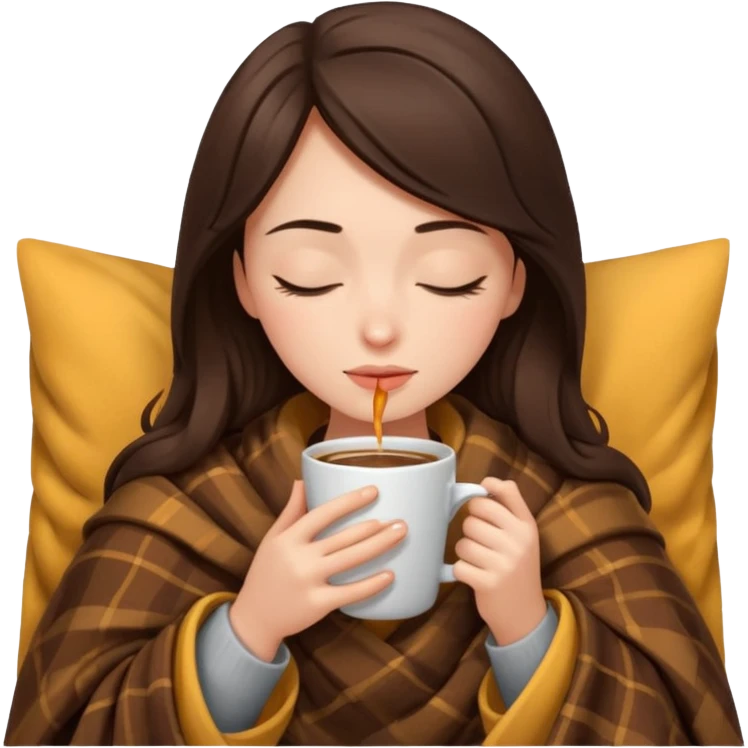 Brunette girl inside a blanket sipping coffee eyes closed emoji
