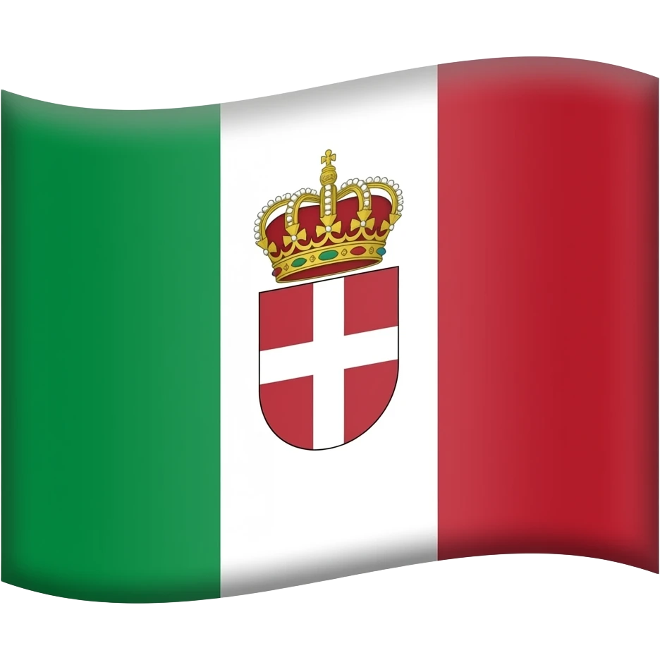 The rectangular flag of the Kingdom of Italy (1861–1946) was a vertical tricolor of green, white, and red, with the Savoy coat of arms (a white cross on a red shield) centered on the white stripe. A royal crown often topped the shield for official and military versions. emoji