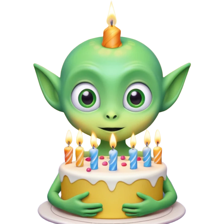 A cute friendly alien holding a birthday cake with candles, big expressive eyes, bright colors, cartoon style, playful atmosphere, 3D animated look, Pixar-inspired, highly detailed
 emoji