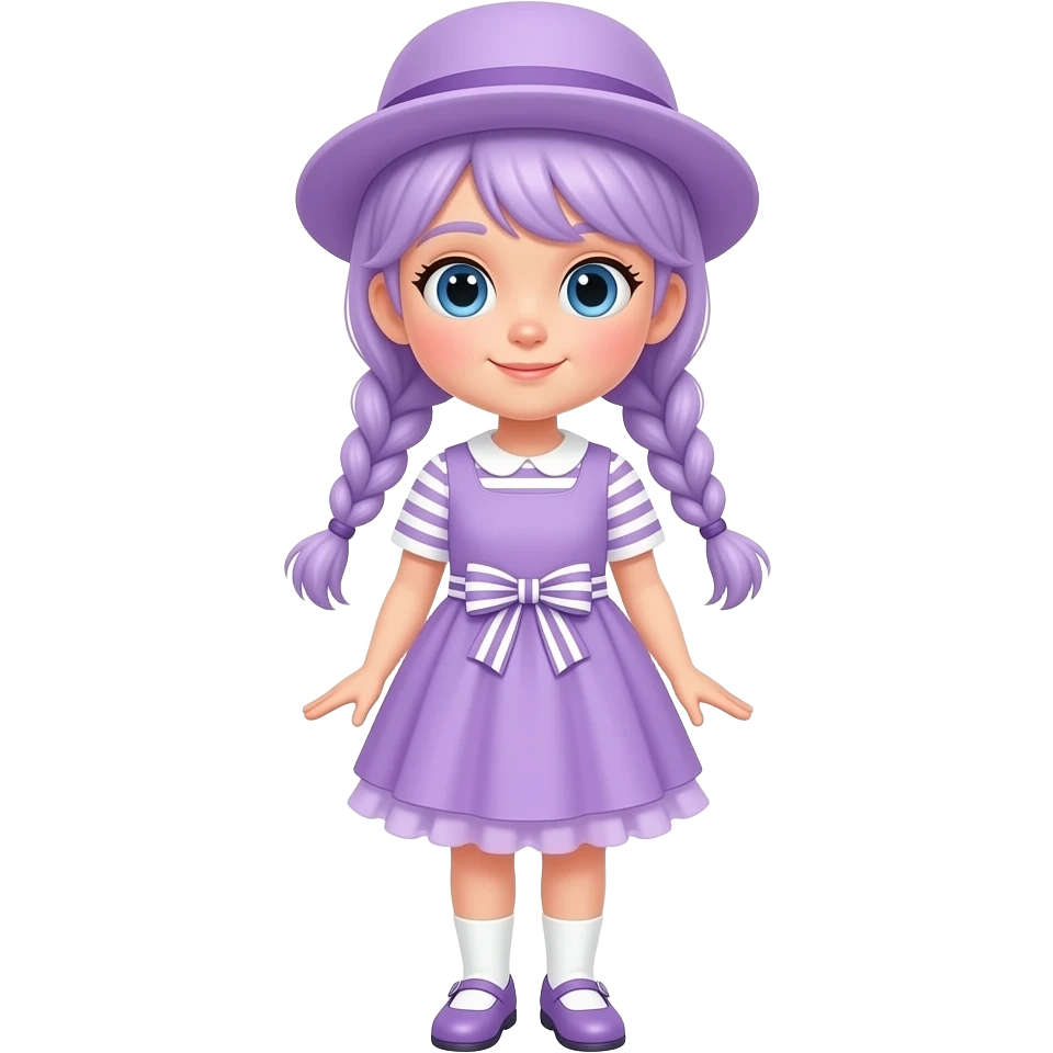 A girl with pale purple hair tied in braids and blue eyes, wearing a pale purple dress with white striped short sleeves and skirt, a pale purple frill, and a pale purple and white striped waist bow, pale purple shoes with white socks, and a pale purple hat. emoji