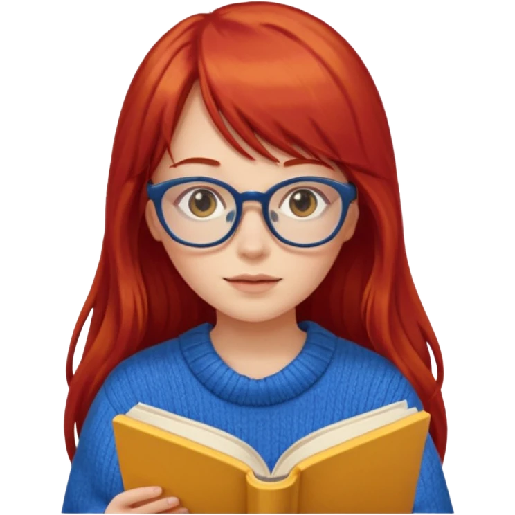 a girl with long red hair and bangs with glasses wearing blue sweater reading a yellow cover book emoji