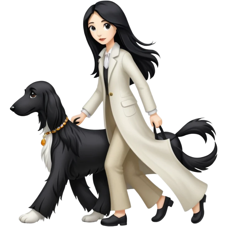 A girl with long black hair walks a black and white Afghan hound emoji