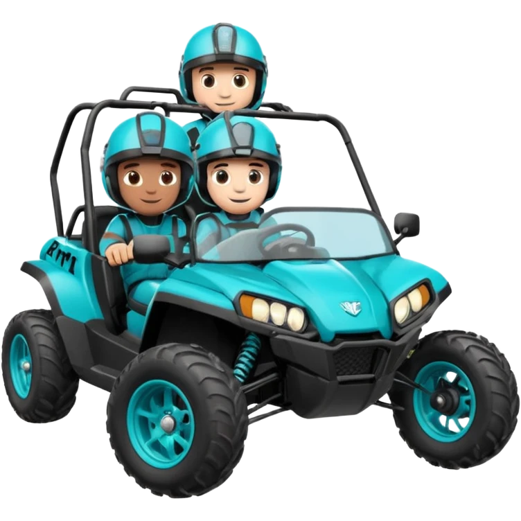 Polaris torqouise buggy atv , swat racing written on the door, 2 brown boys with helmets on inside the car emoji