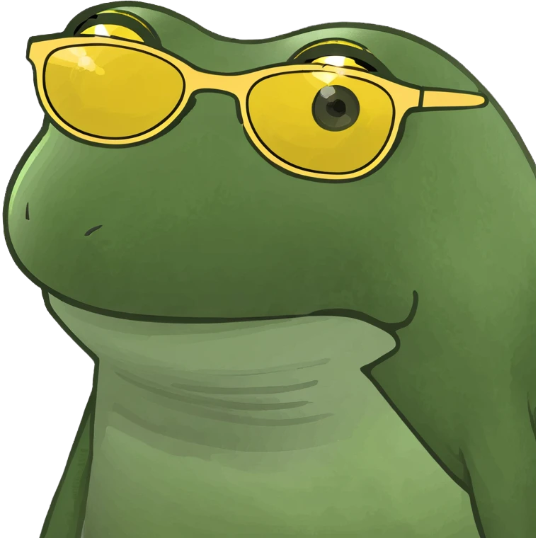 Bufo frog with yellow sunglasses, sipping a purple cocktail, in bufo style, transparent background emoji