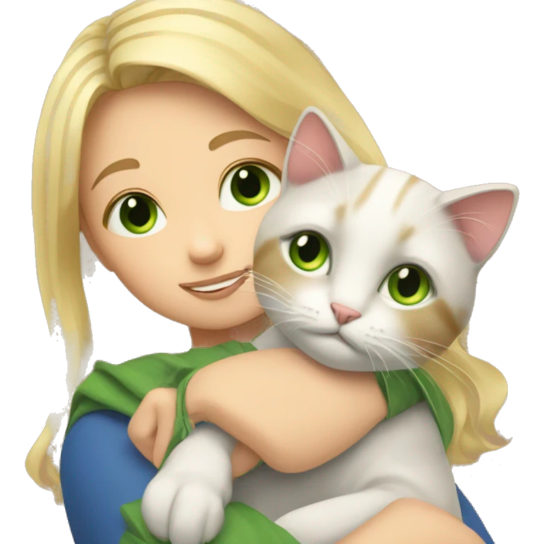 A girl with blonde hair and green eyes hugs a tricolor cat emoji