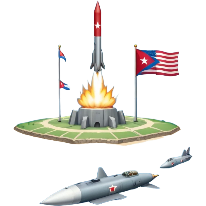 Cuba during the Cold War with Cuban island in the center, US and USSR flags on either side, missiles, tense atmosphere emoji