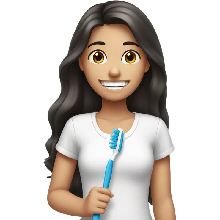 A beautiful girl with long dark hair, brown eyes, who smiles and has braces on her teeth. She has a toothbrush in her hand. emoji