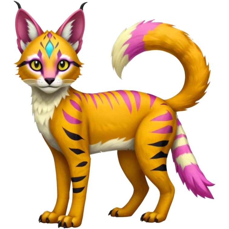 Colorful tropical tribal pale light fruity pastel white glorious iridescent divine exotic cute albino neon vibrant zigzagged cool beautiful fantasy-caracal-civet-genet-sergal-vernid-Gryphon-Cacomistle-Trico-oncilla-animal-Fakémon-hybrid-fursona (full body), facial markings,  emoji