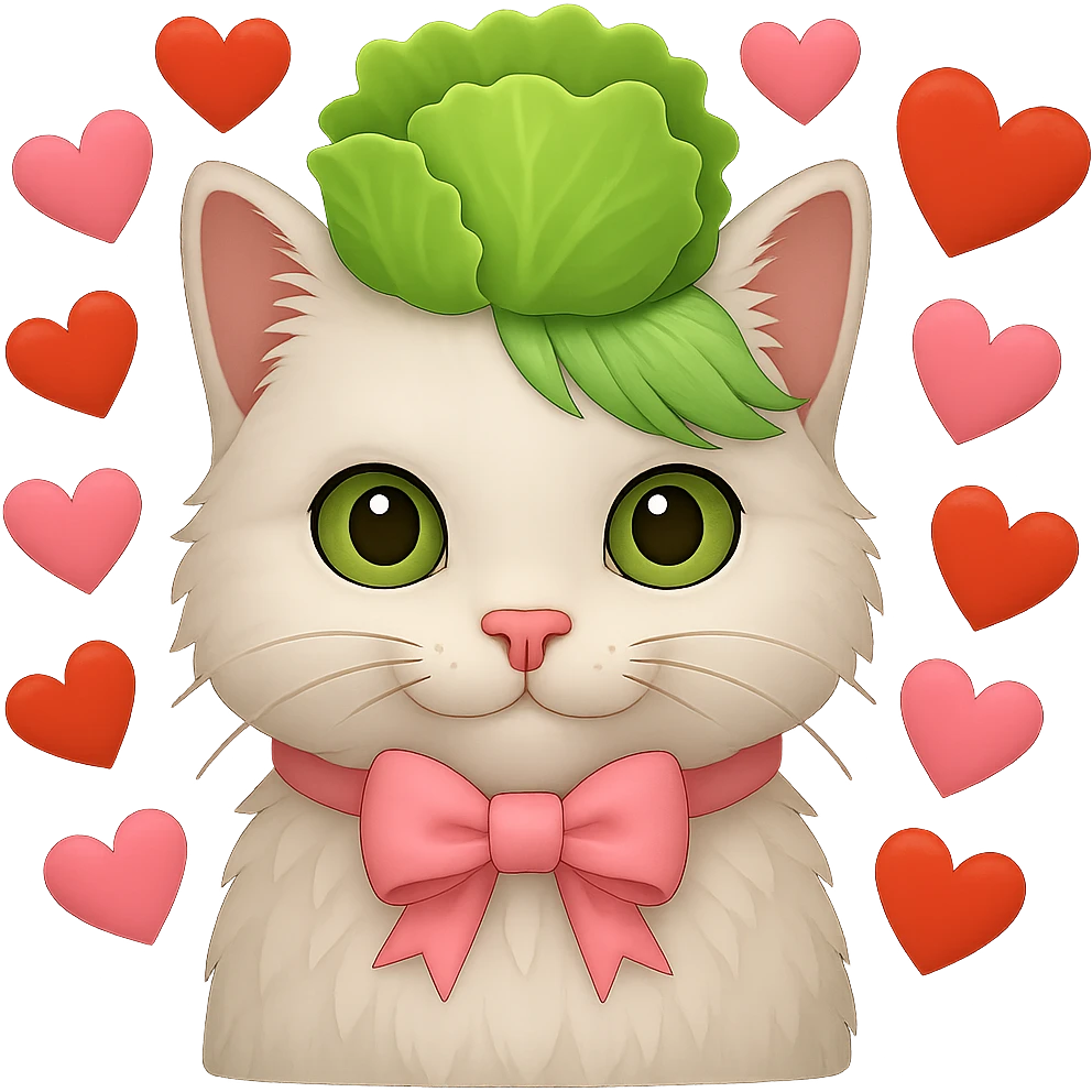 Make the hearts larger around the white cat with a pink bow and a green lettuce crown in the style of emoji. Remove the background. emoji