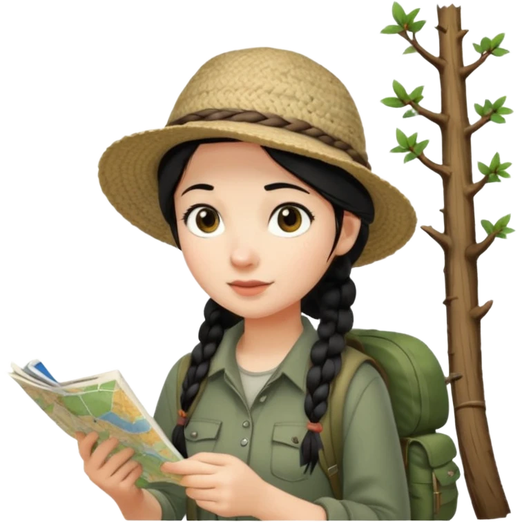 A braid black hair backpacking woman checking her map with curious eyes while walking in the woods with camping hat full body emoji