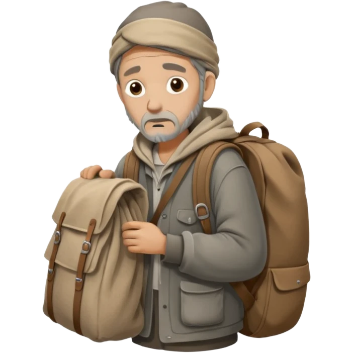 A homeless man wrapped in an old blanket, holding a backpack filled with his belongings, expression calm but weary.
 emoji