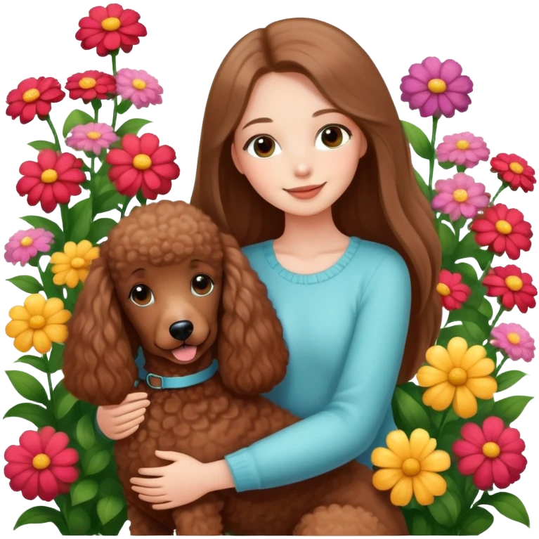 A beautiful girl with long straight hair happily hugs a brown poodle in the flowers emoji