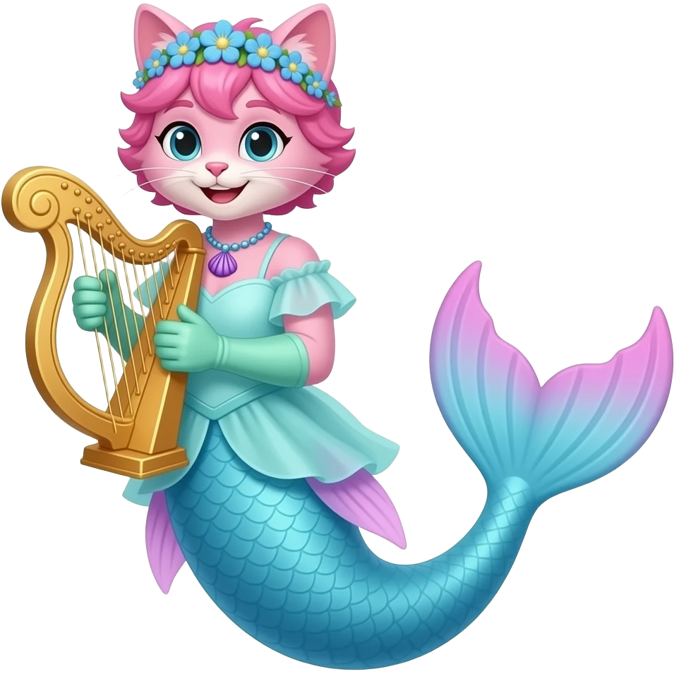 Male  light pink anthro cat  happy with pink hair blue flower crown with light purple shell necklace light cyan dress attached to long light blue mermaid tail with pink fins light green gloves holding a golden harp emoji