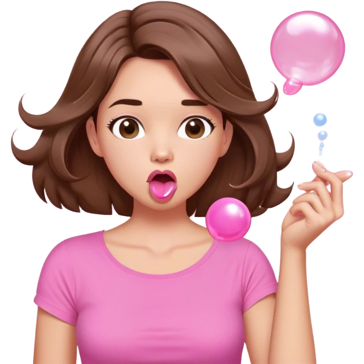 A digital illustration of a cartoon-style woman with shoulder-length brown hair, wearing a pink shirt. She is blowing a pink bubble gum bubble while playfully twirling a strand of her hair with her fingers. Her facial expression is relaxed and carefree. The background is plain white emoji