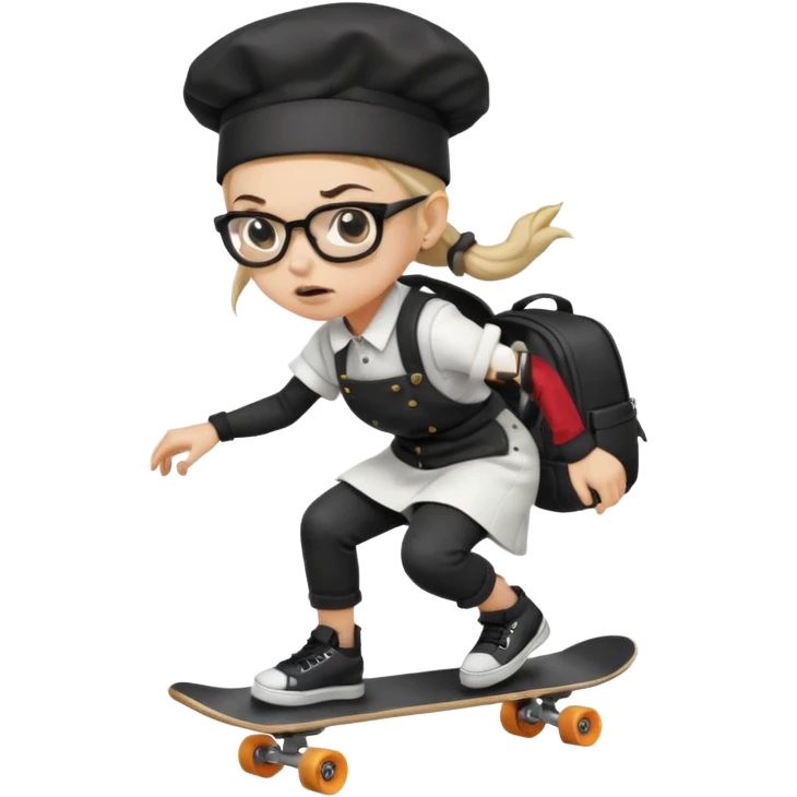 ["An angry woman with light skin, ponytail, wearing a chef hat and square glasses, dressed in goth fashion, is skateboarding while holding a backpack."] emoji