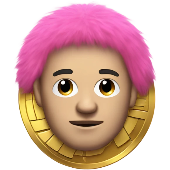 Man with gold, wearing a pink fur coat, and a Bitcoin coin as his head. emoji