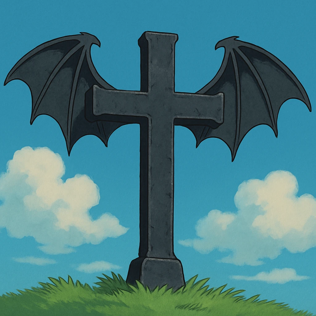 goth cross, with bat wings, Ghibli style emoji