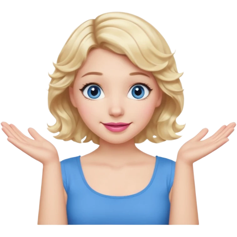 Girl Blonde short wavy hair,  blue eyes, cute blue top, long lashes, pink lips, smiling, shrugging hands raised emoji
